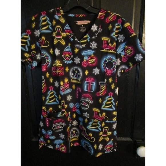 Elite Med Neon Tree Santa Snowflake Holiday Christmas Scrub Top Size Small S - Picture 1 of 3